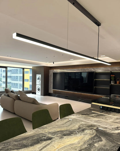 Suspended LED Strip Fixture for Countertop Islands – Dimmable Metal Bar Light with Remote in Matte or Gloss White – 39 to 102 in Adjustable
