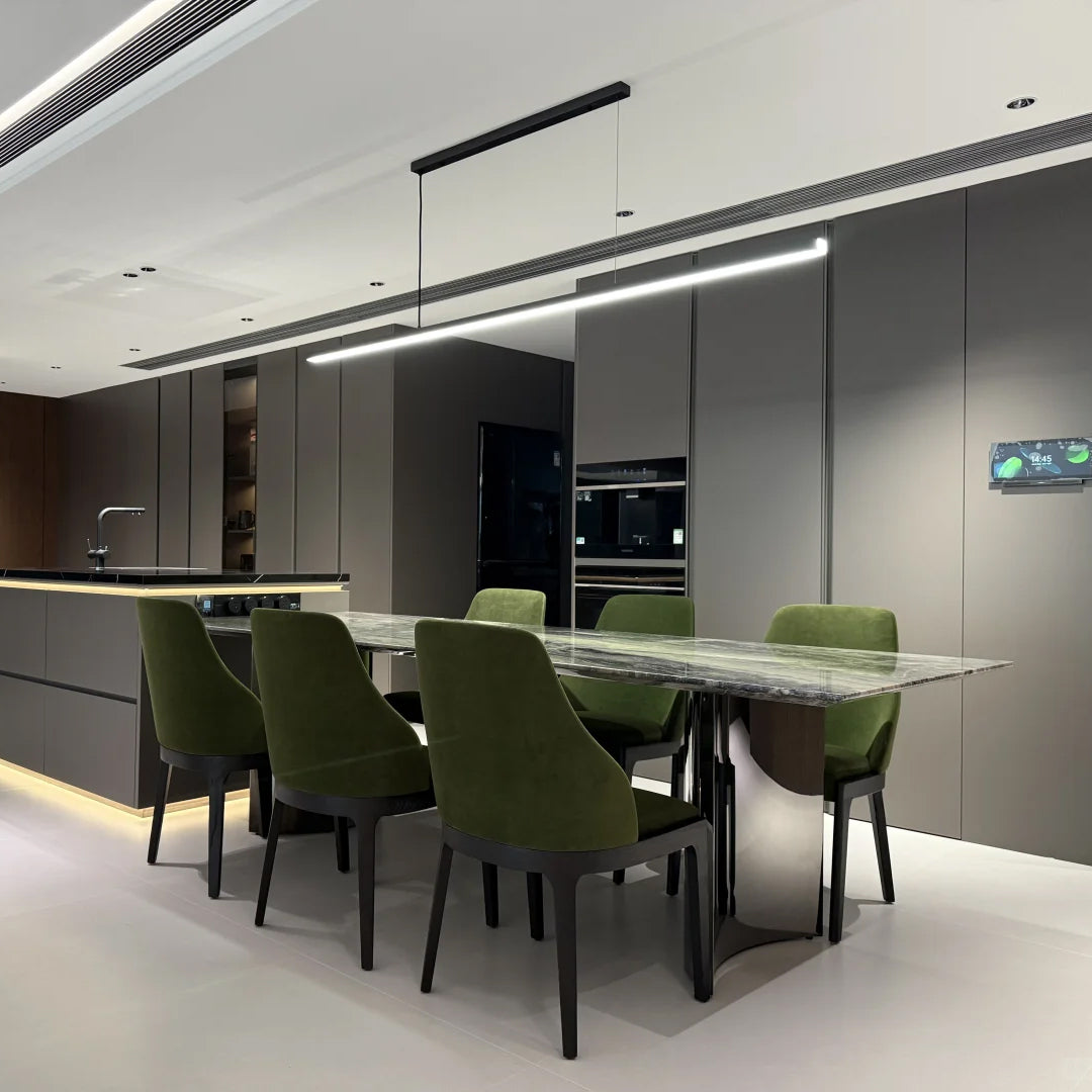 Suspended LED Strip Fixture for Countertop Islands – Dimmable Metal Bar Light with Remote in Matte or Gloss White – 39 to 102 in Adjustable