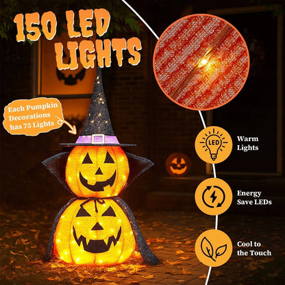 Halloween Pumpkins 3 ft 2 Pack, Lighted Pumpkin Decorations with Hat and Cape, Collapsible Giant Pumpkin Halloween Decorations Outdoor