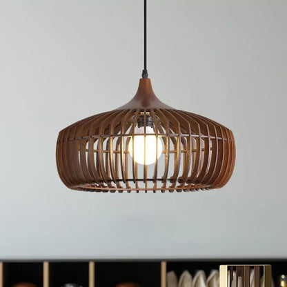 Wood Slat Ceiling Fixture Round Natural 17-Inch Japandi Style Above Table Island Ambient Hanging Light for Dining Kitchen Living Room