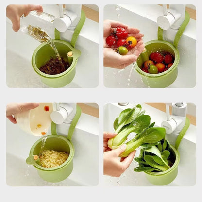 Tap-Mounted Food Scrap Catcher with Push-Button Release 8×5.6×5.1 Inches for Veggie Prep Scraps Fruit Washing Over-Sink Waste Bin