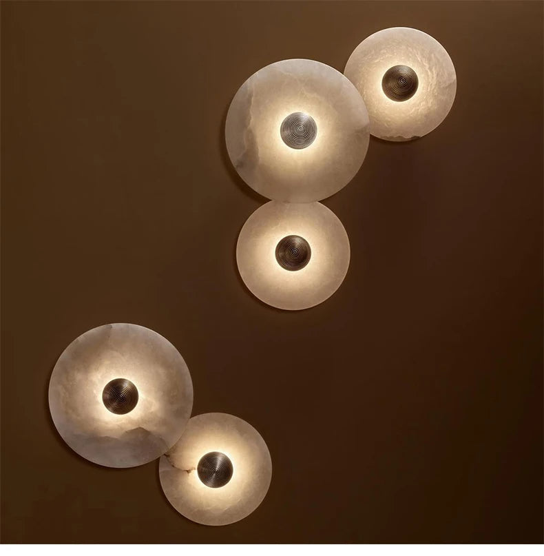Round Stone Sconce with Built-In LED – Natural Veined Finish for Bedroom, Hallway & Living Room – 6 to 12 Inch Sizes – Minimalist Aluminum M