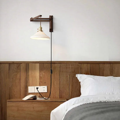 Swing Arm Ceramic Wall Sconce with Wood Bracket and Knob Switch for Bedroom Hallway Reading Nook Vintage Plug-In Lighting