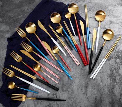 Stainless Steel Flatware Set 24-Piece Service for 6 with Colorful Handles for Everyday Dining Modern Table Utensils