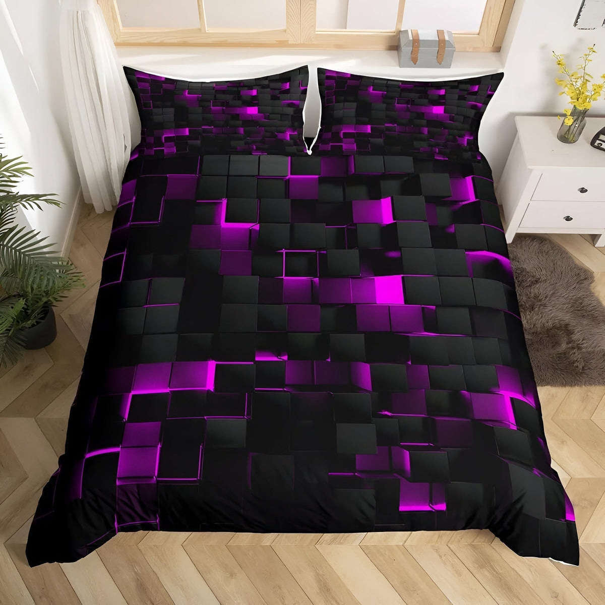 Neon Grid Comforter Cover Set with Pillowcases – 3D Geometric Cyberpunk Bedding for Modern Bedroom Decor – Breathable Microfiber