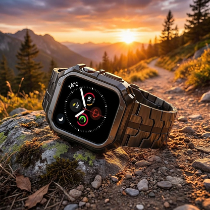 Metal Link Band & Protective Case Set for Apple Watch – Adjustable Bracelet with Matching Frame, Butterfly Clasp & Sizing Tool for Series