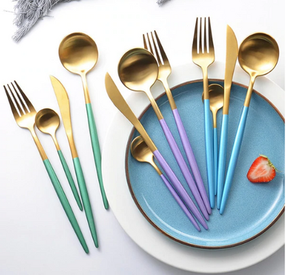 Stainless Steel Flatware Set 24-Piece Service for 6 with Colorful Handles for Everyday Dining Modern Table Utensils