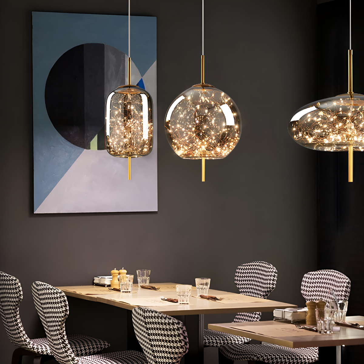 Glass Hanging Fixture with Adjustable Cord for Dining Table & Kitchen Island | Modern Suspended Light in Amber or Gray | Oval Sphere Capsule