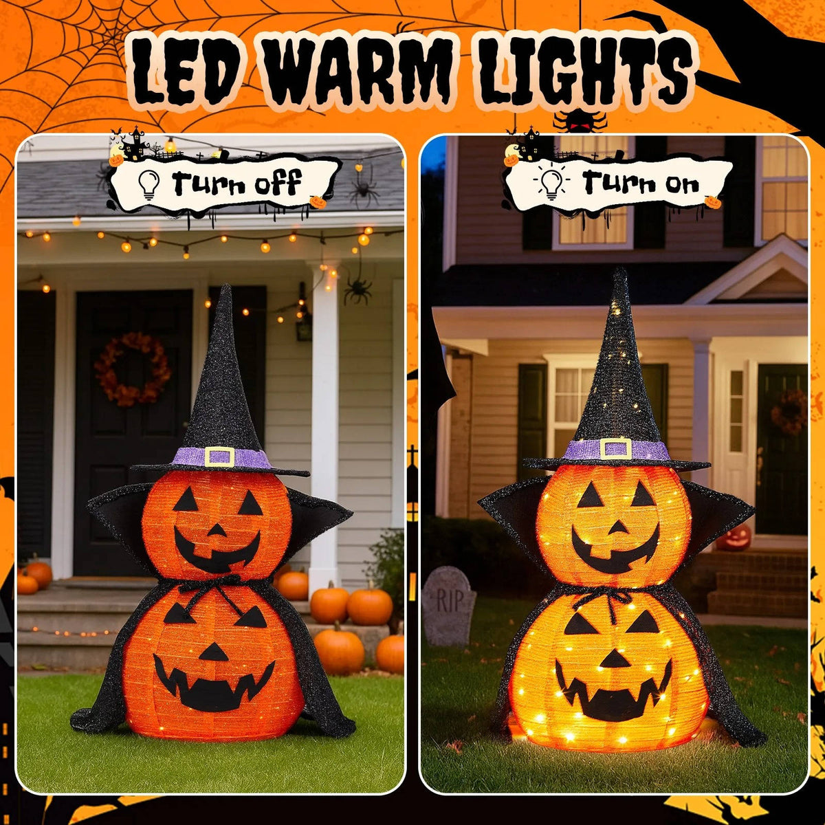 Halloween Pumpkins 3 ft 2 Pack, Lighted Pumpkin Decorations with Hat and Cape, Collapsible Giant Pumpkin Halloween Decorations Outdoor