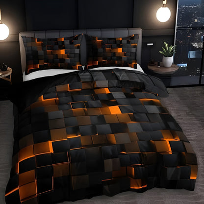 Neon Grid Comforter Cover Set with Pillowcases – 3D Geometric Cyberpunk Bedding for Modern Bedroom Decor – Breathable Microfiber