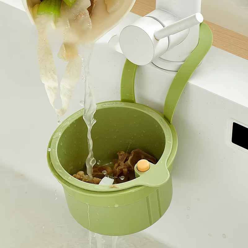 Tap-Mounted Food Scrap Catcher with Push-Button Release 8×5.6×5.1 Inches for Veggie Prep Scraps Fruit Washing Over-Sink Waste Bin