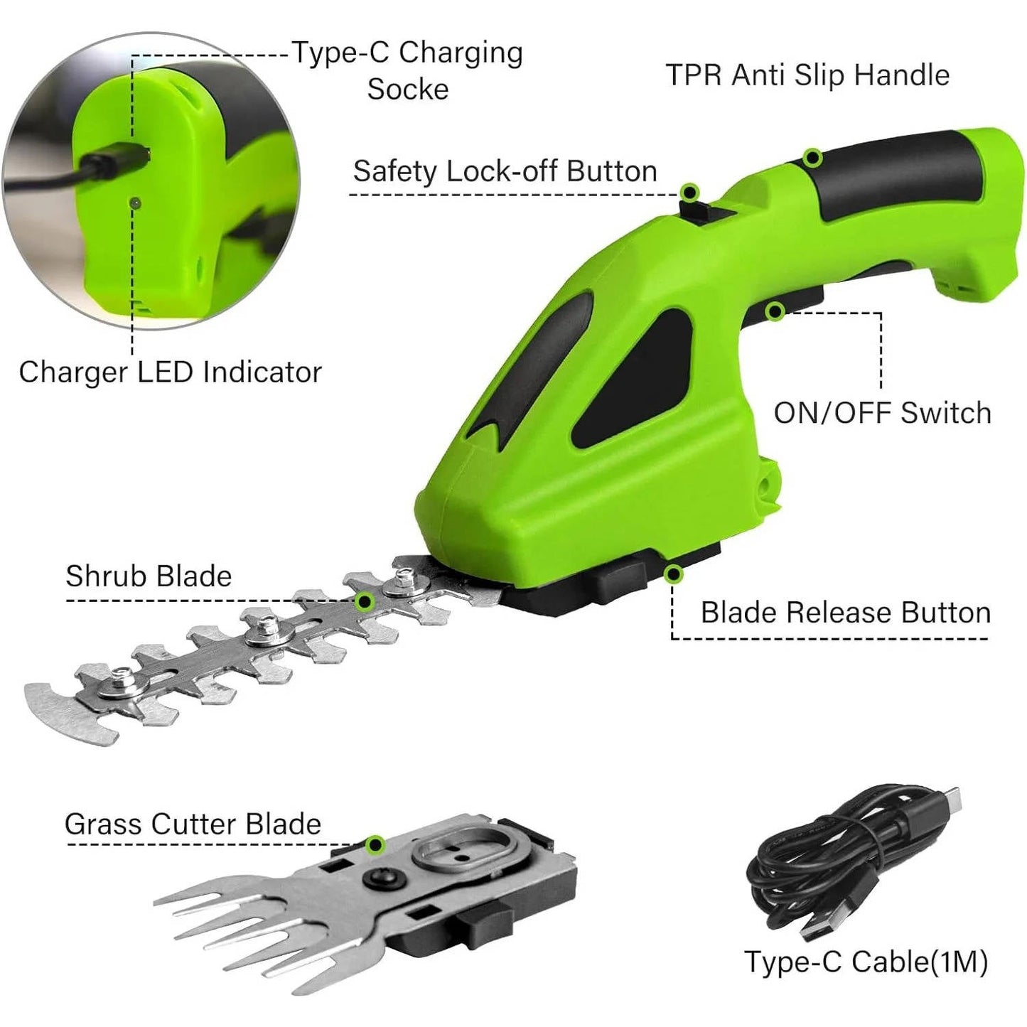 Powerful Battery Hedge Trimmer and Grass Cutter with 2 Blades