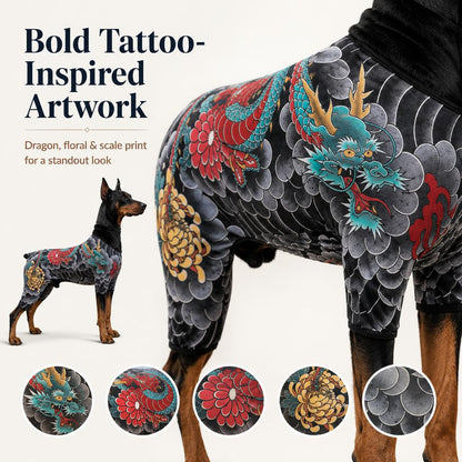 Ortekor Tattoo Print Dog & Cat Bodysuit for Walks & Photos - Soft Stretch Pet Onesie Helps Contain Loose Hair