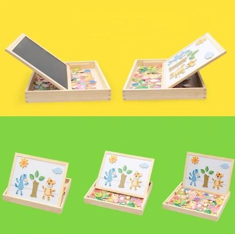 Double-Sided Wooden Drawing & Puzzle Board for Kids – Magnetic Pieces, Dry-Erase & Chalkboard, Travel Storage Case