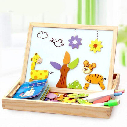 Double-Sided Wooden Drawing & Puzzle Board for Kids – Magnetic Pieces, Dry-Erase & Chalkboard, Travel Storage Case