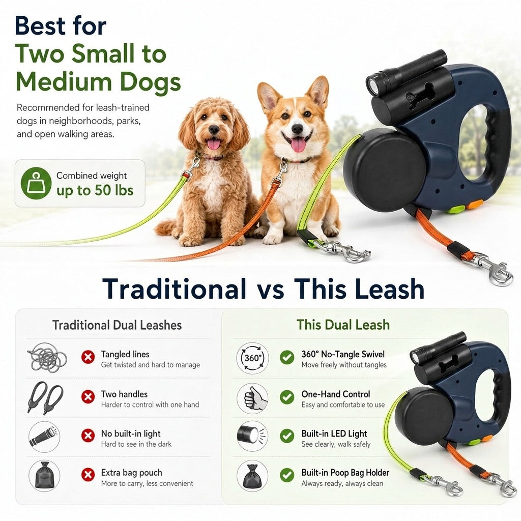 Ortekor Dual Dog Leash – 360° Tangle-Free Retractable with LED Light & Built-In Poop Bag Holder
