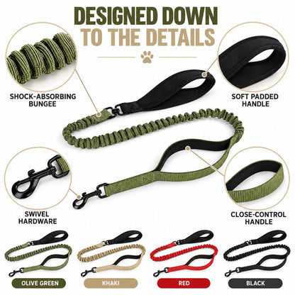 Ortekor Dual Handle Shock-Absorbing Bungee Dog Leash for City Walks, Jogging & Hiking - Softer Pulls, Quick Close Control