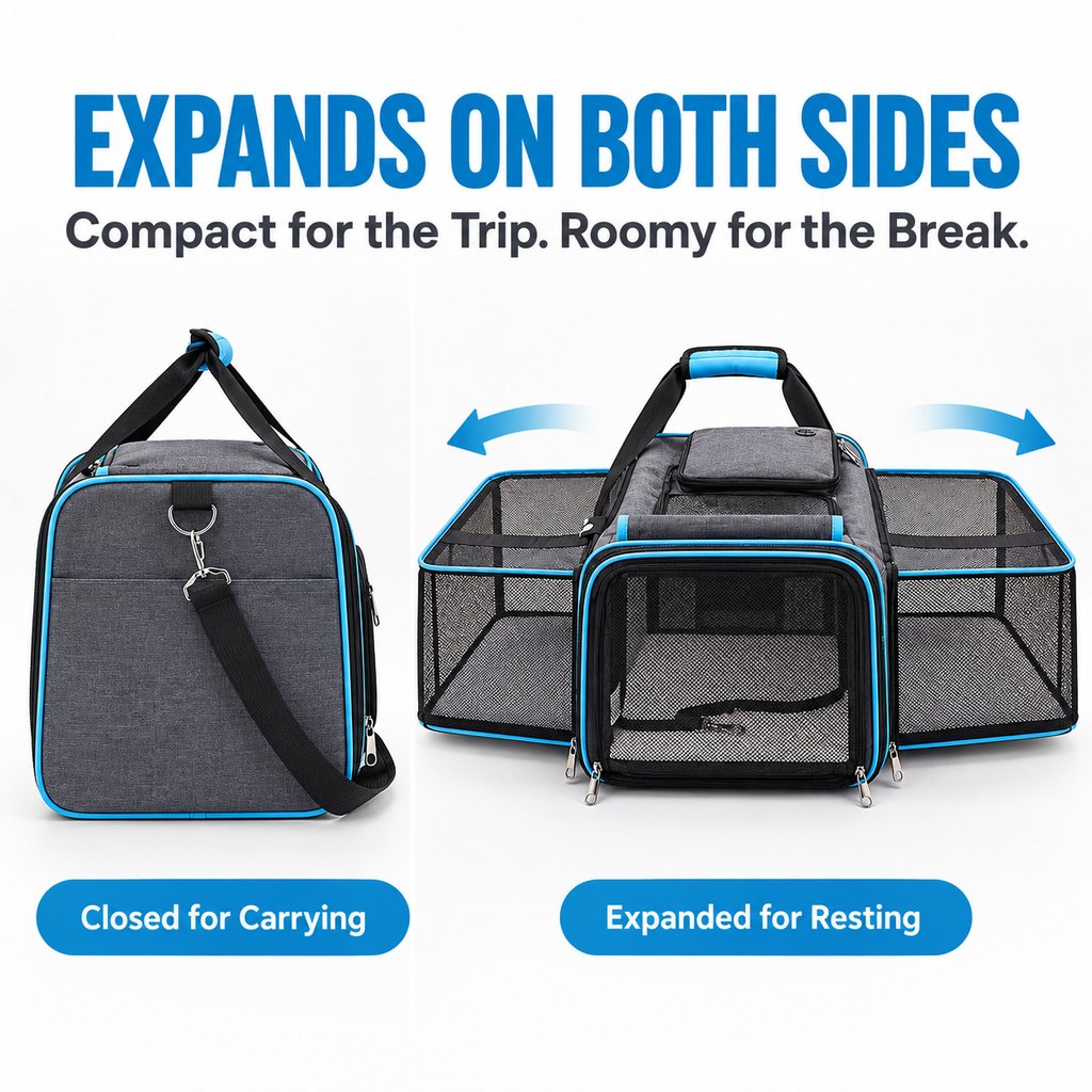 Ortekor Dual-Sided Expandable Pet Carrier for Cats & Small Dogs - More Room for Road Trips, Vet Visits & Travel