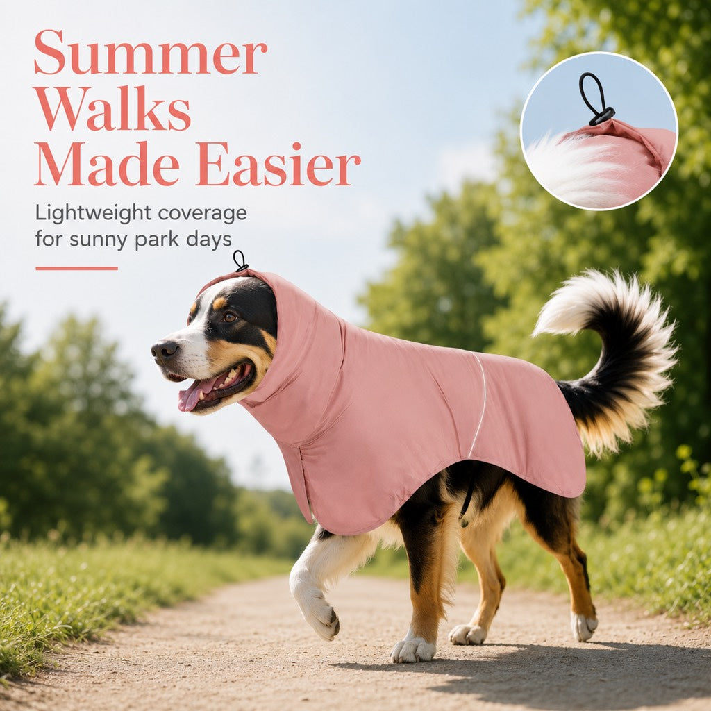 Ortekor Hooded Dog Sun & Rain Cape for Summer Walks - Lightweight Neck-to-Back Coverage for Drizzle, Wind & Sunny Outdoor Days