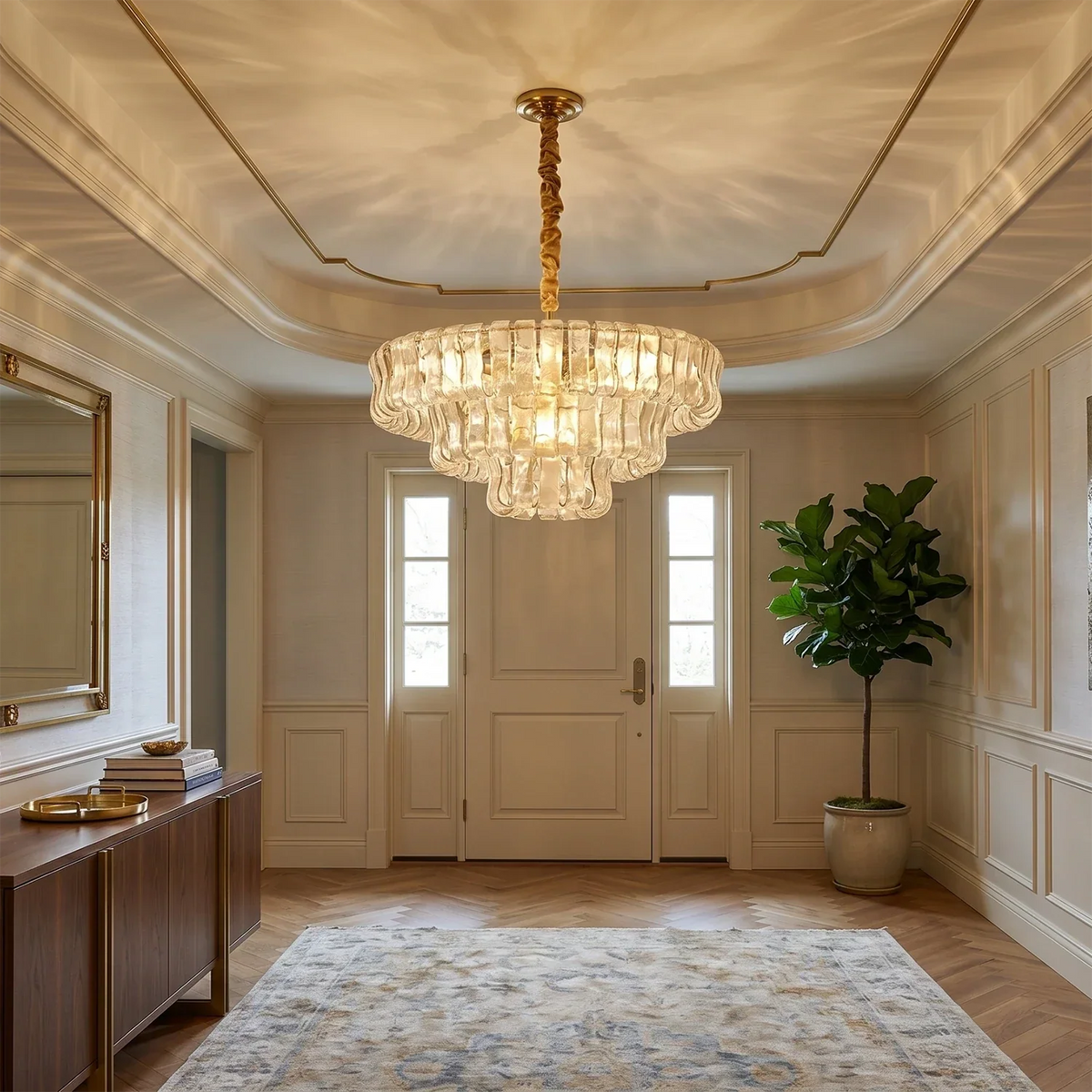 Textured Glass Round Chandelier with Curved Panels in Metallic Finish for Dining Room & Living Room | 24 to 60 Inch