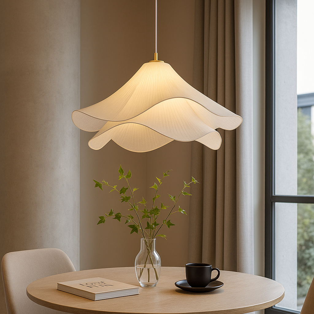 Layered Fabric Hanging Lamp 24 Inch Floral Ceiling Light for Dining Room Living Room Kitchen Modern Minimalist Adjustable Drop Fixture Neutr