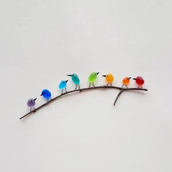 Sea Glass Bird Figurines on Driftwood Branch – Handcrafted Coastal Wall Art with Reclaimed Ocean Glass – 8, 10, or 12 Birds