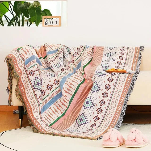 Jacquard Woven Accent Blanket with Fringe for Couch Bed Chair 51x63 in 63x87 in Multicolor Cotton Poly Blend Bohemian Home Decor