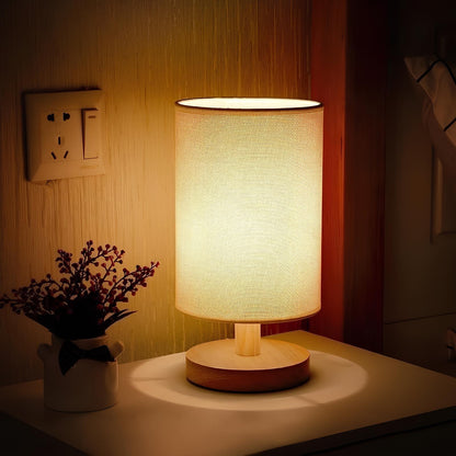 Natural Wood & Linen Table Lamp with Remote Control – Dimmable LED Touch Lamp for Bedroom, Nightstand, Desk – Minimalist Scandinavian