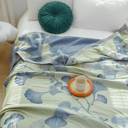 Reversible Cotton Gauze Quilt with Ginkgo Leaf Pattern – Lightweight Jacquard Bedspread for Summer & Air Conditioning – Eco-Friendly