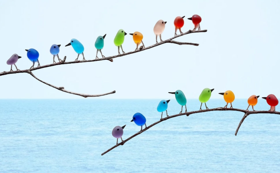 Sea Glass Bird Figurines on Driftwood Branch – Handcrafted Coastal Wall Art with Reclaimed Ocean Glass – 8, 10, or 12 Birds