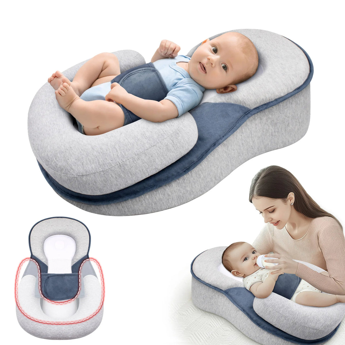 Inclined Infant Lounger for Newborns 23 in Cotton Padded Sleep Support Cushion with Adjustable Bolster Gray Portable Nursery Nest for Post-F