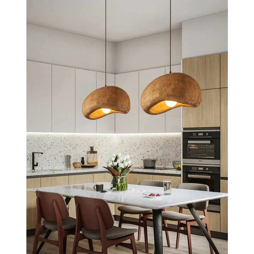 Sculpted Resin Hanging Fixture E27 Socket Brown Japandi Style for Kitchen Island Dining Table Bedroom Overhead Lighting Minimalist Decor