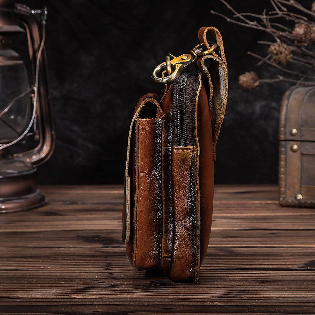 Full-Grain Cowhide Belt Pouch for Men | Zippered Compartment & Magnetic Closure | Adjustable Elastic Strap | Hands-Free Carry for Travel, Co