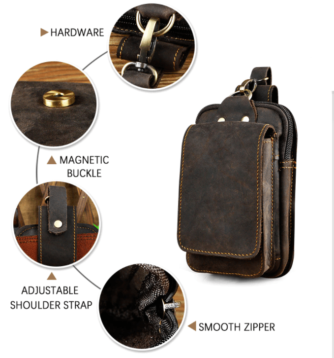 Leather Belt Bag for Men – Full-Grain Cowhide Waist Pack with Adjustable Strap, Magnetic Clasp & Zippered Compartments for Travel, Hiking