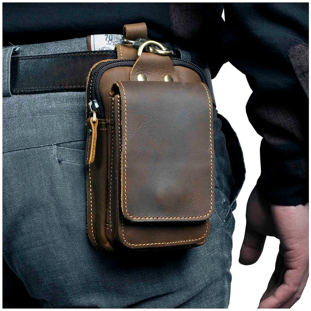 Full-Grain Cowhide Belt Pouch for Men | Zippered Compartment & Magnetic Closure | Adjustable Elastic Strap | Hands-Free Carry for Travel, Co