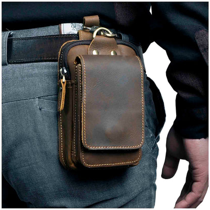 Leather Belt Bag for Men – Full-Grain Cowhide Waist Pack with Adjustable Strap, Magnetic Clasp & Zippered Compartments for Travel, Hiking