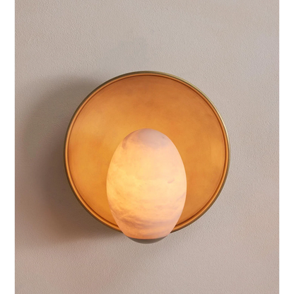 Natural Stone Sconce with Brass Reflector Plate – 14.6 Inch Round Alabaster Fixture for Bedroom, Entryway, Bathroom & Hallway Ambient Lighti