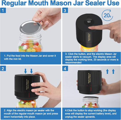 Handheld Vacuum Sealer for Mason Jars – Wide & Regular Mouth Jar Sealer for Dry Goods, Herbs & Pantry Organization – One-Touch Food Storage