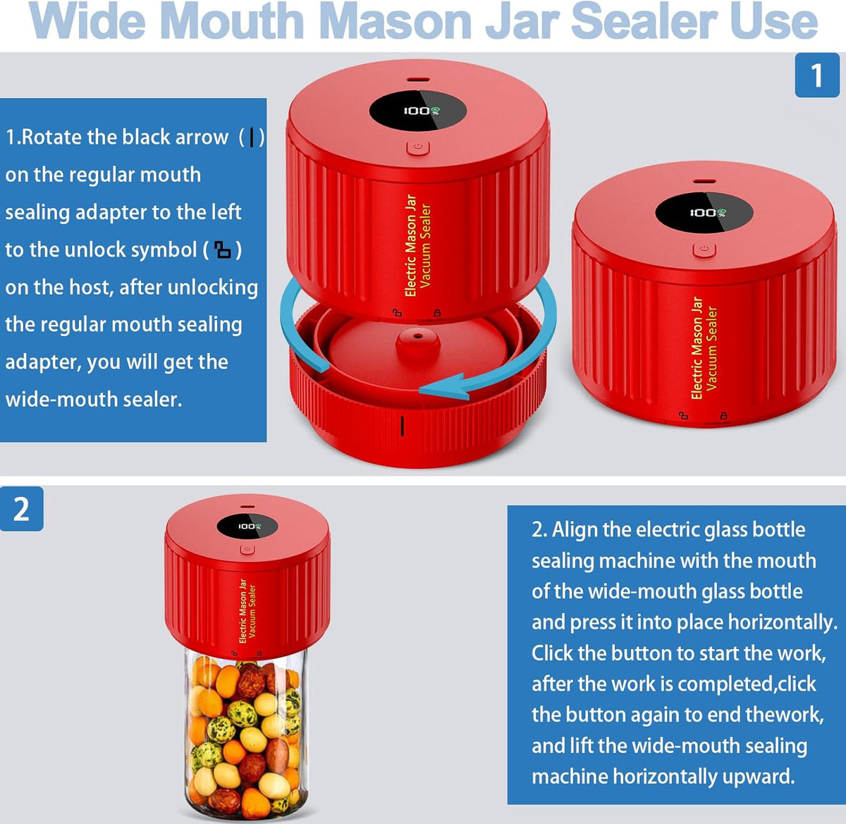 Handheld Vacuum Sealer for Mason Jars – Wide & Regular Mouth Jar Sealer for Dry Goods, Herbs & Pantry Organization – One-Touch Food Storage