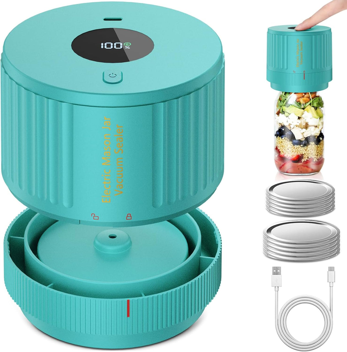 Handheld Vacuum Sealer for Mason Jars – Wide & Regular Mouth Jar Sealer for Dry Goods, Herbs & Pantry Organization – One-Touch Food Storage