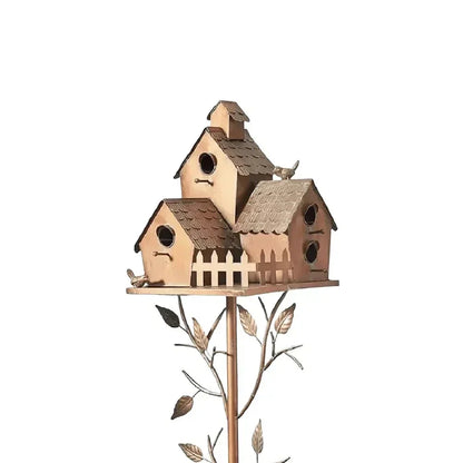 Metal Post-Mounted Bird Nesting House for Backyard Wildlife Habitat | Decorative Freestanding Garden Stake Feeder Station for Songbirds