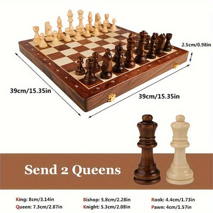 Solid Wood Chess Board Game Set with Extra Queens for Tournament & Casual Play at Home
