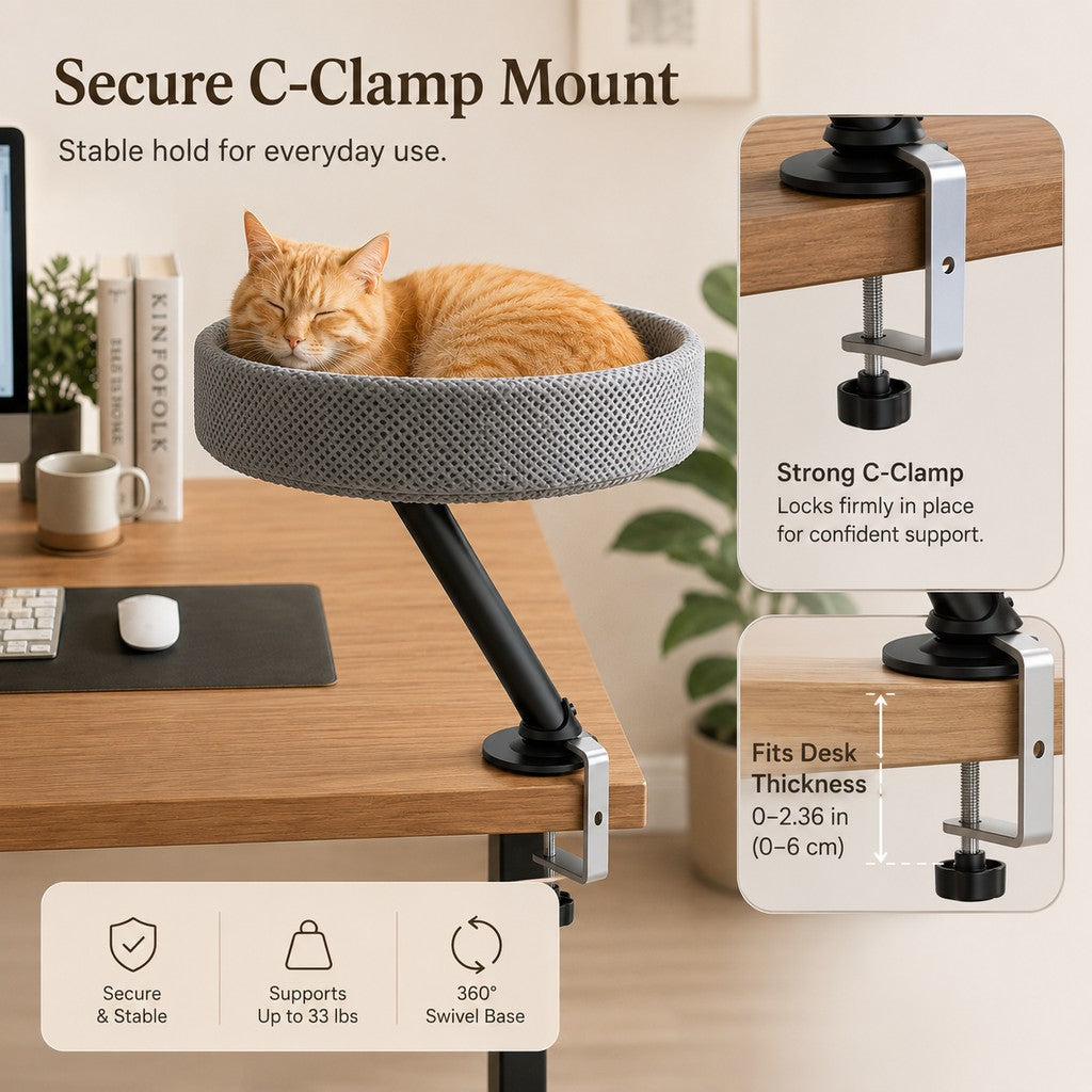 Ortekor Desk Mounted Cat Bed Perch for Home Office - Space Saving Elevated Cat Lounger with Soft Breathable Fabric for Cats to Relax Beside Your Workspace
