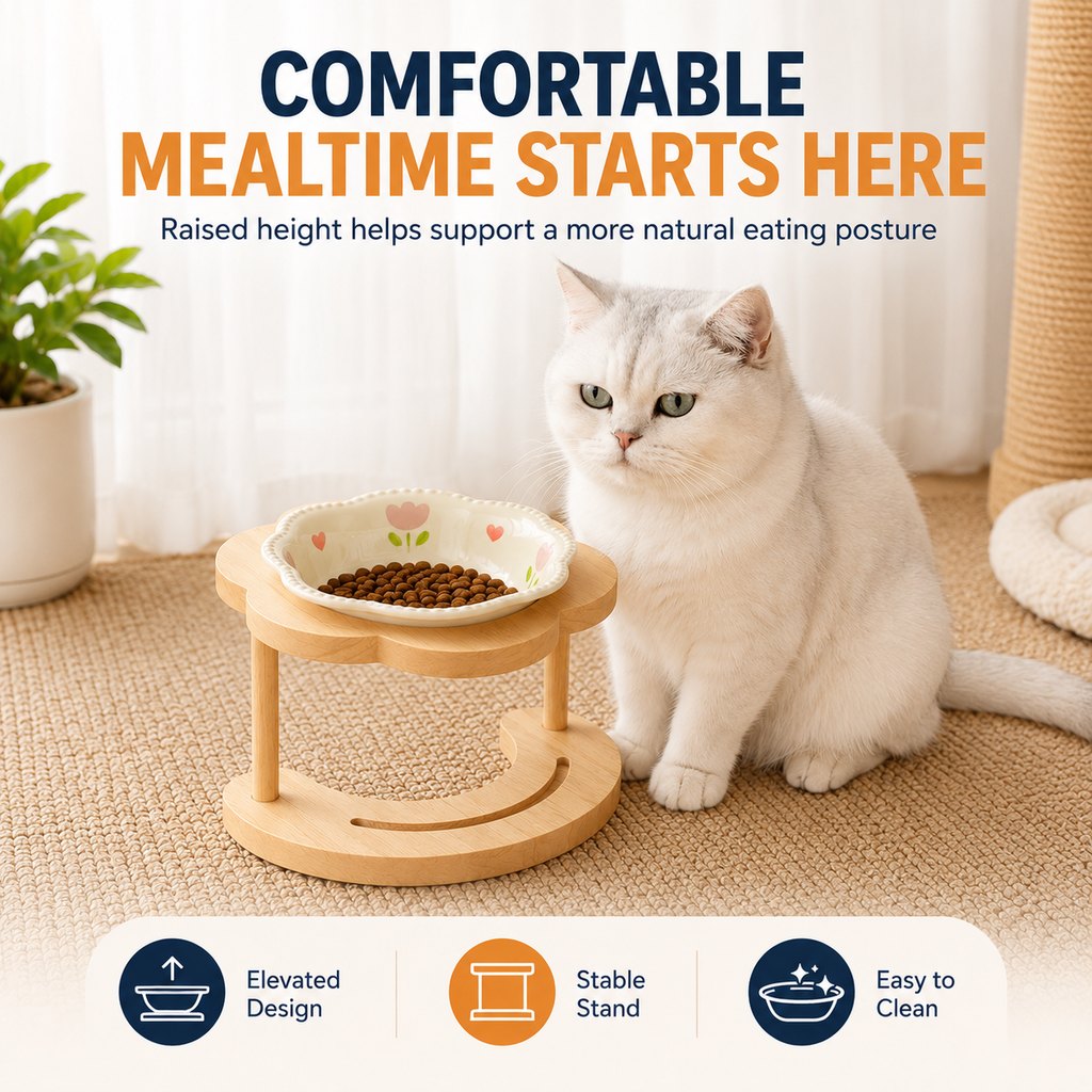 Ortekor Elevated Ceramic Pet Bowl with Wooden Stand for Cats & Small Dogs