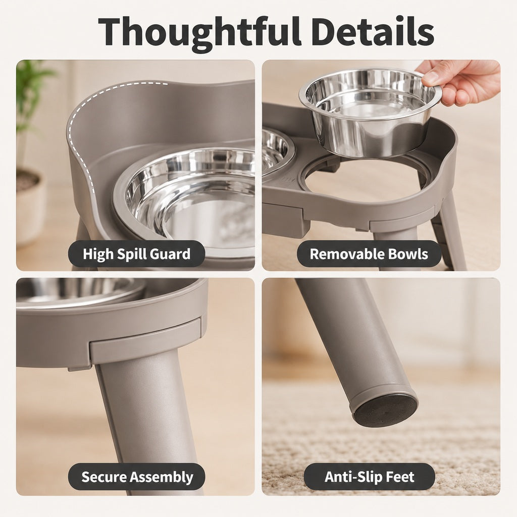 Ortekor Elevated Pet Feeder with Spill Guard for Cats & Dogs - Raised Dual Stainless Steel Bowls for Cleaner Floors