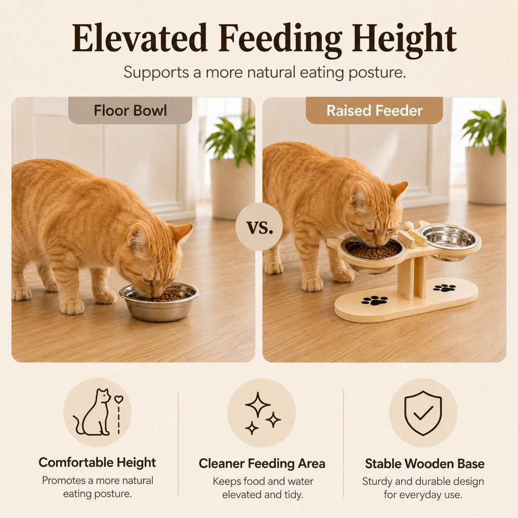 Ortekor Modern Elevated Cat Feeder with Stainless Steel Bowls - Wooden Raised Feeding Station for Cats, Food & Water Bowl Stand for Cleaner Mealtimes
