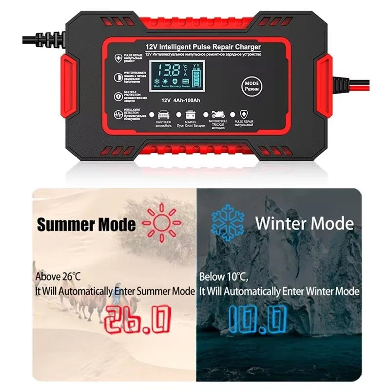12V Smart Automatic Battery Charger with Pulse Repair & Winter Mode for Cars & Motorcycles