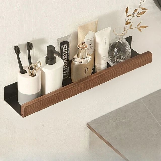 Wall-Mounted Timber Organizer Rack 19.7 in Wide No-Drill Installation for Washroom Toiletries Above Sink Storage Natural Wood Floating Ledge