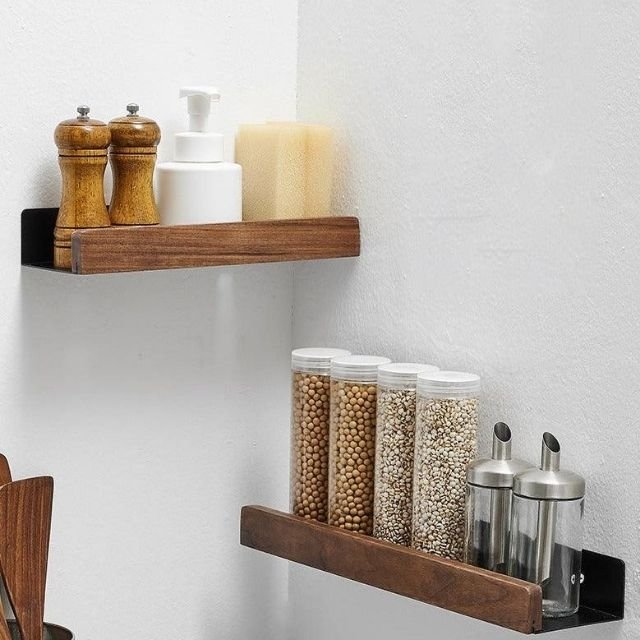 Wall-Mounted Timber Organizer Rack 19.7 in Wide No-Drill Installation for Washroom Toiletries Above Sink Storage Natural Wood Floating Ledge