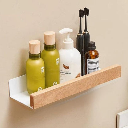 Wall-Mounted Timber Organizer Rack 19.7 in Wide No-Drill Installation for Washroom Toiletries Above Sink Storage Natural Wood Floating Ledge